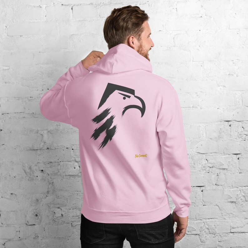 Abstract Eagle Hoodie, Minimalist Bird of Prey Back Print, Gold Graffiti Chest Tag, Unisex Pullover – No Comment image 10