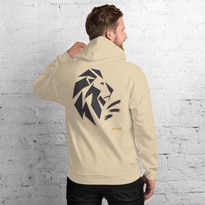 Abstract Lion Side Profile Hoodie, Minimalist Big Cat Back Print, Gold Graffiti Chest Tag, Unisex Pullover – No Comment image 9
