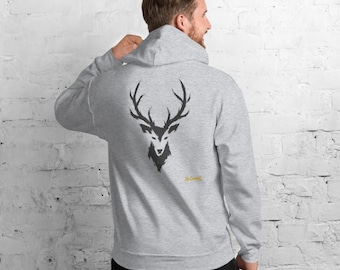 May include: A light gray hooded sweatshirt featuring a black graphic of a deer head with antlers on the back. The text "No Comment" is printed in small yellow letters below the deer graphic. The hoodie has long sleeves and a hood.