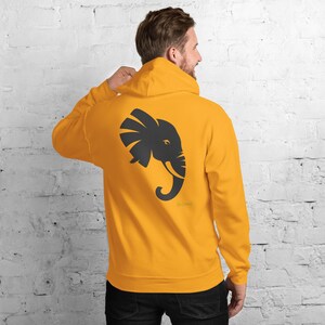 Abstract Elephant Side Profile Hoodie, Minimalist Safari Animal Back Print, Gold Graffiti Chest Tag, Unisex Pullover – No Comment image 5
