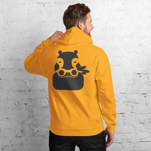 No Comment Hippo Hoodie - Abstract Animal Back Print, Gold Graffiti Tag, Minimalist White Unisex Hoodie