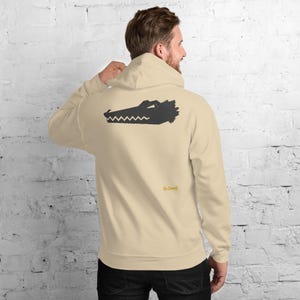 Abstract Crocodile Hoodie, Minimalist Reptile Back Print, Gold Graffiti Chest Tag, Unisex Pullover – No Comment image 9