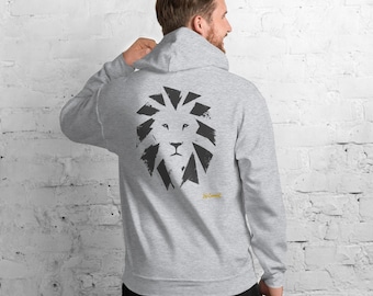 May include: A light gray hooded sweatshirt featuring a large, black, geometric lion head graphic on the back. The lion design is composed of sharp, angular shapes with a distressed texture. Below the lion graphic, the text No Comment is printed in yellow.