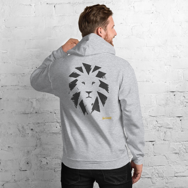 Bluza z kapturem z abstrakcyjnym motywem lwa z przodu, minimalistyczny nadruk z dużym kotem na plecach, złota metka z graffiti na piersi, bluza unisex – brak komentarza zdjęcie 1