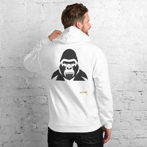 Abstract Gorilla Hoodie, Minimalist Jungle Animal Back Print, Gold Graffiti Chest Tag, Unisex Pullover – No Comment image 1