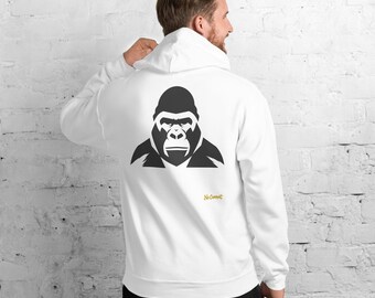 May include: A white hooded sweatshirt featuring a black graphic of a gorilla head on the back. Below the gorilla graphic, the text "No Comment" is printed in a small, yellow, cursive font. The hoodie has long sleeves and a hood.