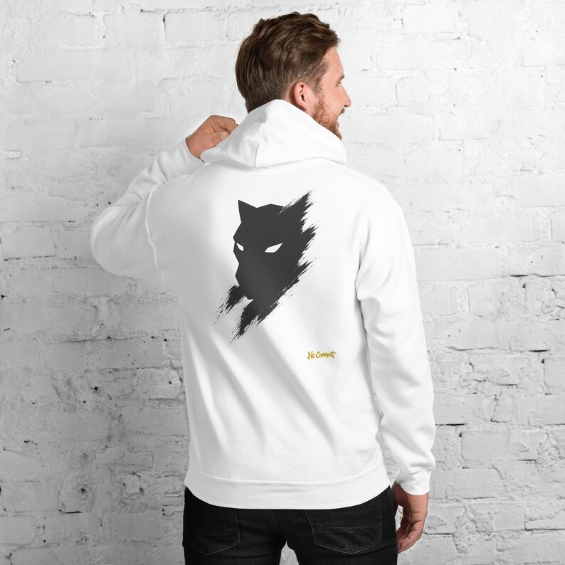 Abstract Black Panther Hoodie, Minimalist Big Cat Back Print, Gold Graffiti Chest Tag, Unisex Pullover – No Comment image 2