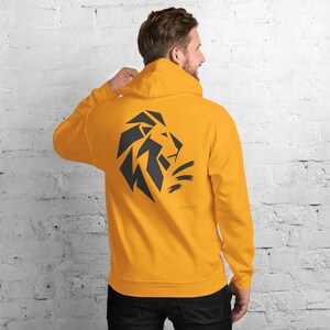 Abstract Lion Side Profile Hoodie, Minimalist Big Cat Back Print, Gold Graffiti Chest Tag, Unisex Pullover – No Comment image 5