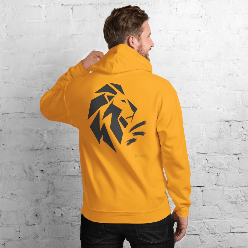 Abstract Lion Side Profile Hoodie, Minimalist Big Cat Back Print, Gold Graffiti Chest Tag, Unisex Pullover – No Comment image 5