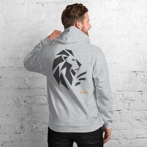 Abstract Lion Side Profile Hoodie, Minimalist Big Cat Back Print, Gold Graffiti Chest Tag, Unisex Pullover – No Comment image 1