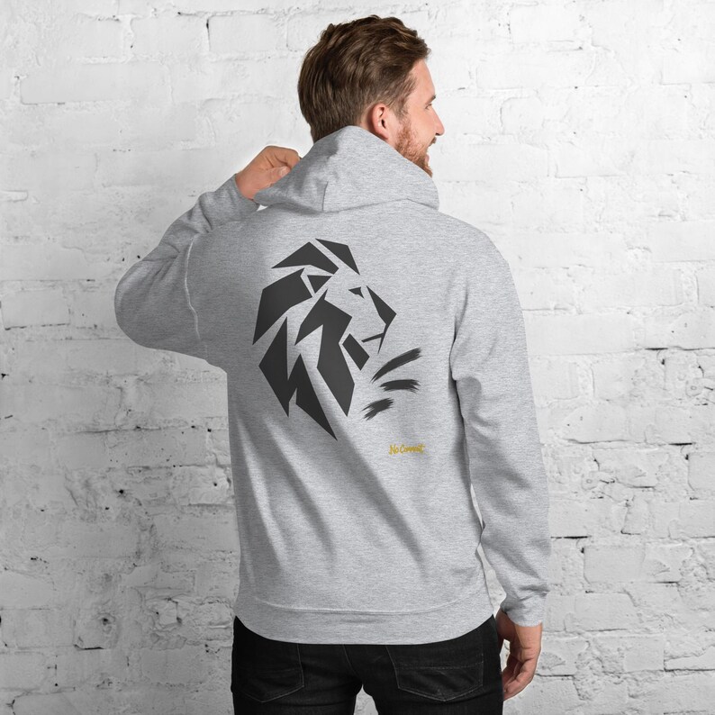 Abstract Lion Side Profile Hoodie, Minimalist Big Cat Back Print, Gold Graffiti Chest Tag, Unisex Pullover – No Comment image 1