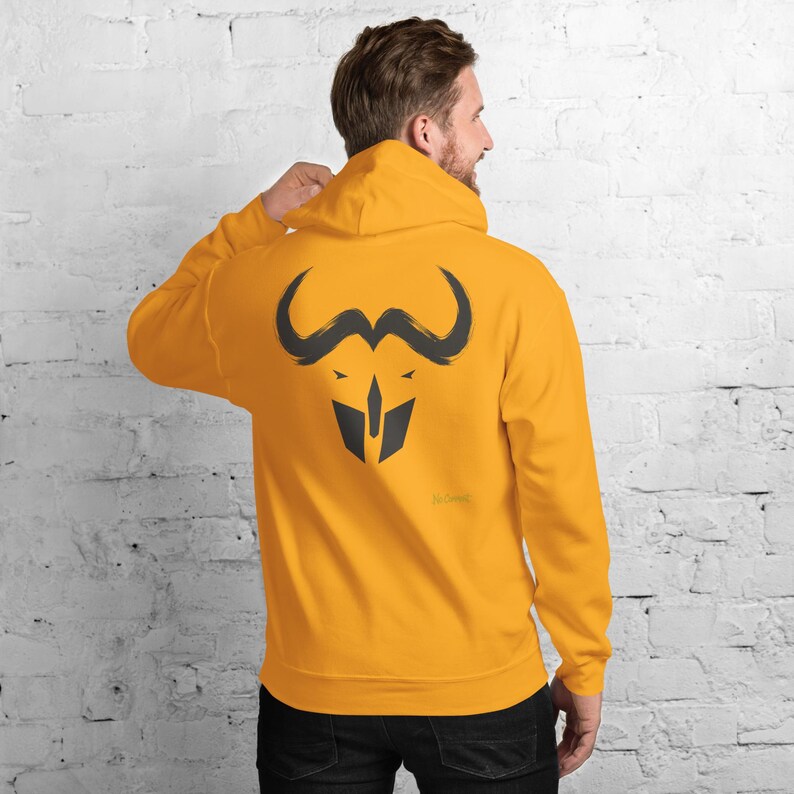 Abstract Cape Buffalo Hoodie, Minimalist African Safari Back Print, Gold Graffiti Chest Tag, Unisex Pullover – No Comment image 5