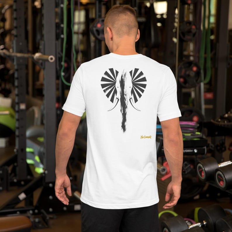 No Comment Elephant Front T-Shirt - Abstract Animal Back Print, Gold Graffiti Tag, Minimalist White Unisex Tee