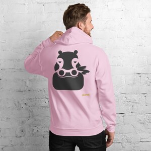 No Comment Hippo Hoodie - Abstract Animal Back Print, Gold Graffiti Tag, Minimalist White Unisex Hoodie