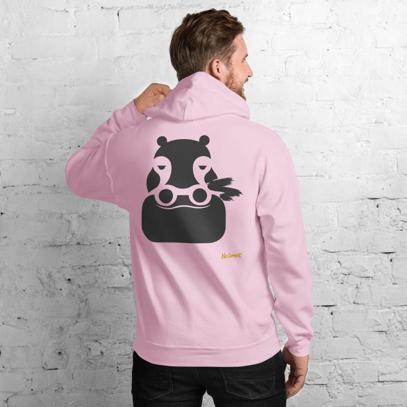 No Comment Hippo Hoodie - Abstract Animal Back Print, Gold Graffiti Tag, Minimalist White Unisex Hoodie