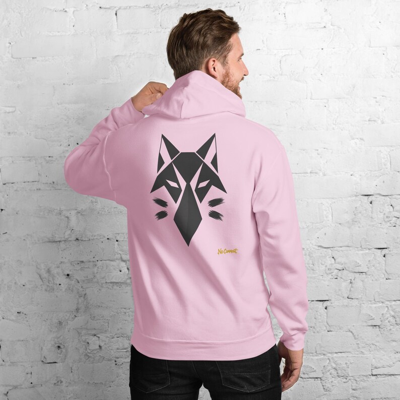 Abstract Wolf Hoodie, Minimalist Forest Wildlife Back Print, Gold Graffiti Chest Tag, Unisex Pullover – No Comment image 10