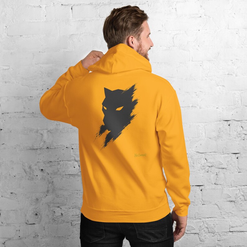 Abstract Black Panther Hoodie, Minimalist Big Cat Back Print, Gold Graffiti Chest Tag, Unisex Pullover – No Comment image 5