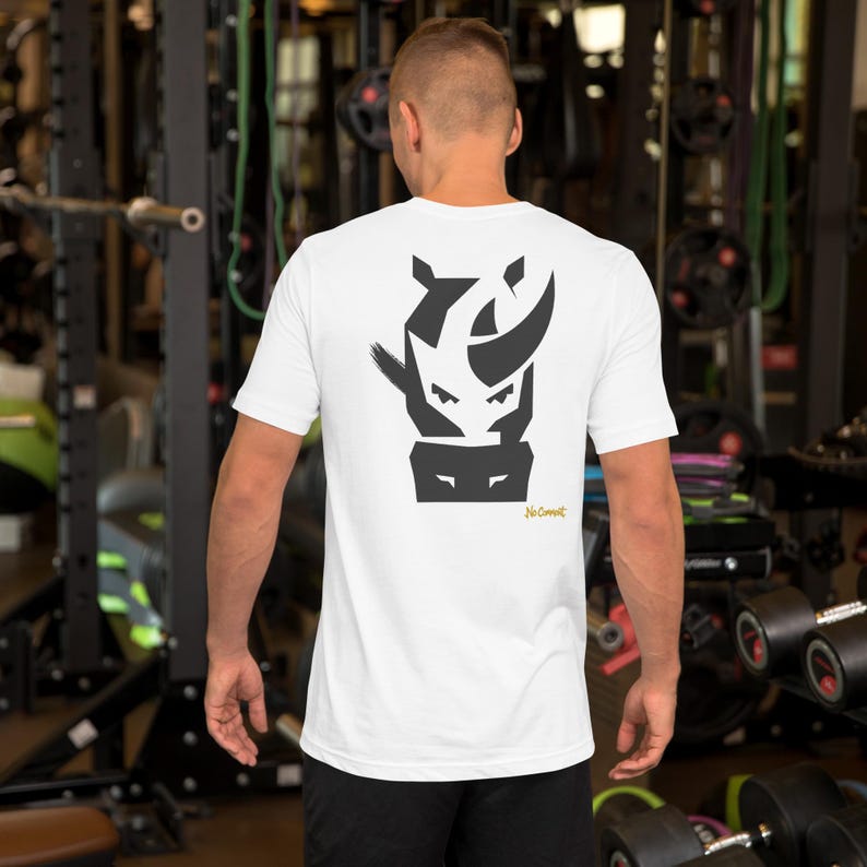 No Comment Rhino Front T-Shirt - Abstract Animal Back Print, Gold Graffiti Tag, Minimalist White Unisex Tee