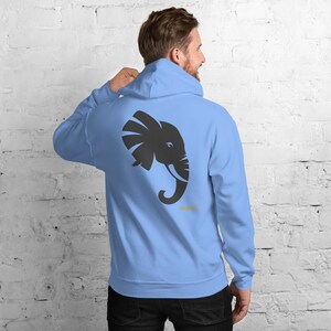 Abstract Elephant Side Profile Hoodie, Minimalist Safari Animal Back Print, Gold Graffiti Chest Tag, Unisex Pullover – No Comment image 3