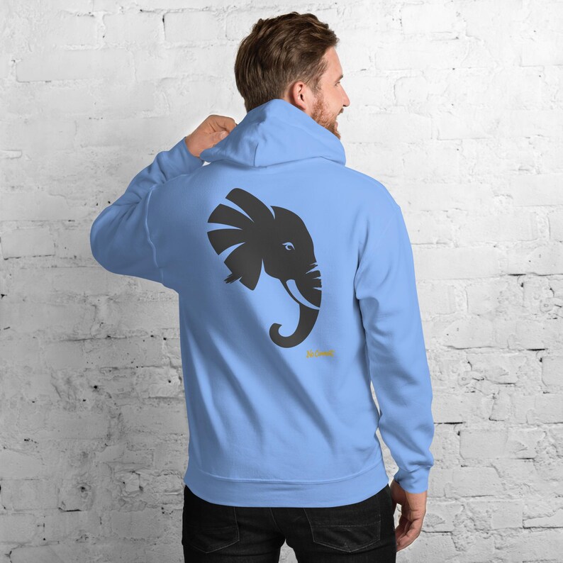 Abstract Elephant Side Profile Hoodie, Minimalist Safari Animal Back Print, Gold Graffiti Chest Tag, Unisex Pullover – No Comment image 3