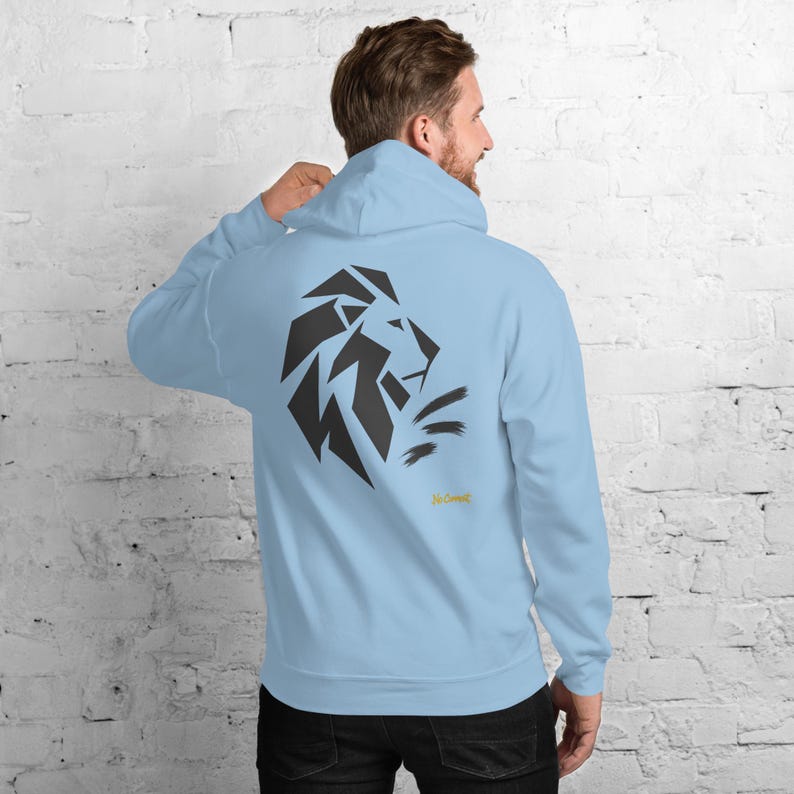 Abstract Lion Side Profile Hoodie, Minimalist Big Cat Back Print, Gold Graffiti Chest Tag, Unisex Pullover – No Comment image 7