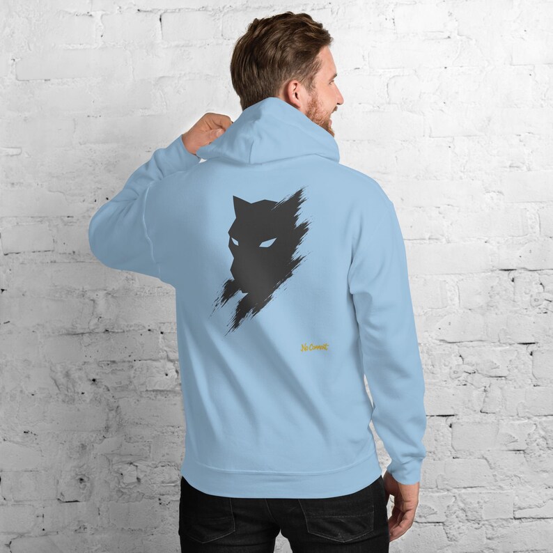 Abstract Black Panther Hoodie, Minimalist Big Cat Back Print, Gold Graffiti Chest Tag, Unisex Pullover – No Comment image 7