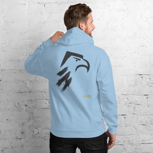 Abstract Eagle Hoodie, Minimalist Bird of Prey Back Print, Gold Graffiti Chest Tag, Unisex Pullover – No Comment image 7