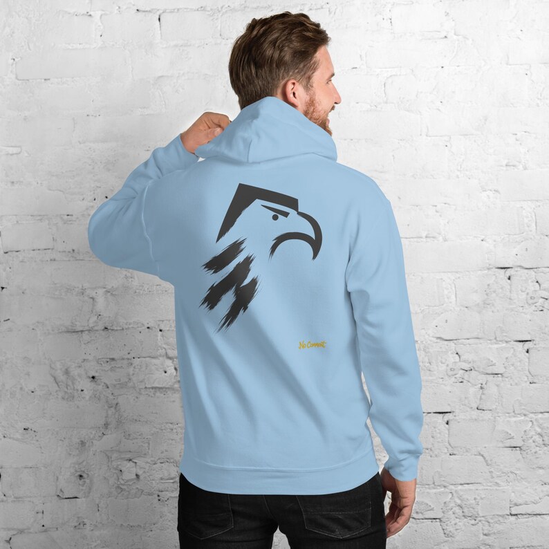 Abstract Eagle Hoodie, Minimalist Bird of Prey Back Print, Gold Graffiti Chest Tag, Unisex Pullover – No Comment image 7