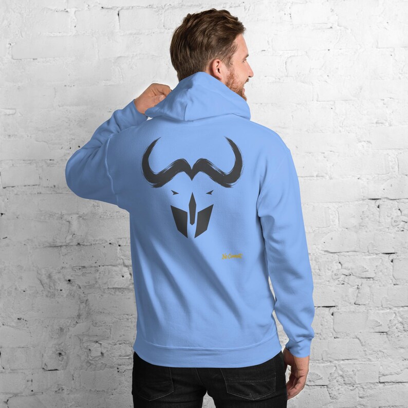 Abstract Cape Buffalo Hoodie, Minimalist African Safari Back Print, Gold Graffiti Chest Tag, Unisex Pullover – No Comment image 3