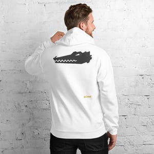 Abstract Crocodile Hoodie, Minimalist Reptile Back Print, Gold Graffiti Chest Tag, Unisex Pullover – No Comment image 2