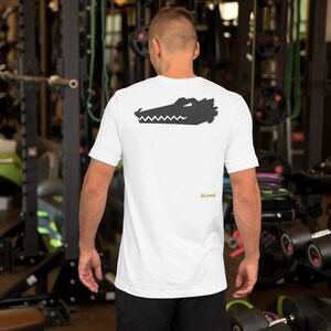 No Comment Crocodile T-Shirt - Abstract Animal Back Print, Gold Graffiti Tag, Minimalist White Unisex Tee