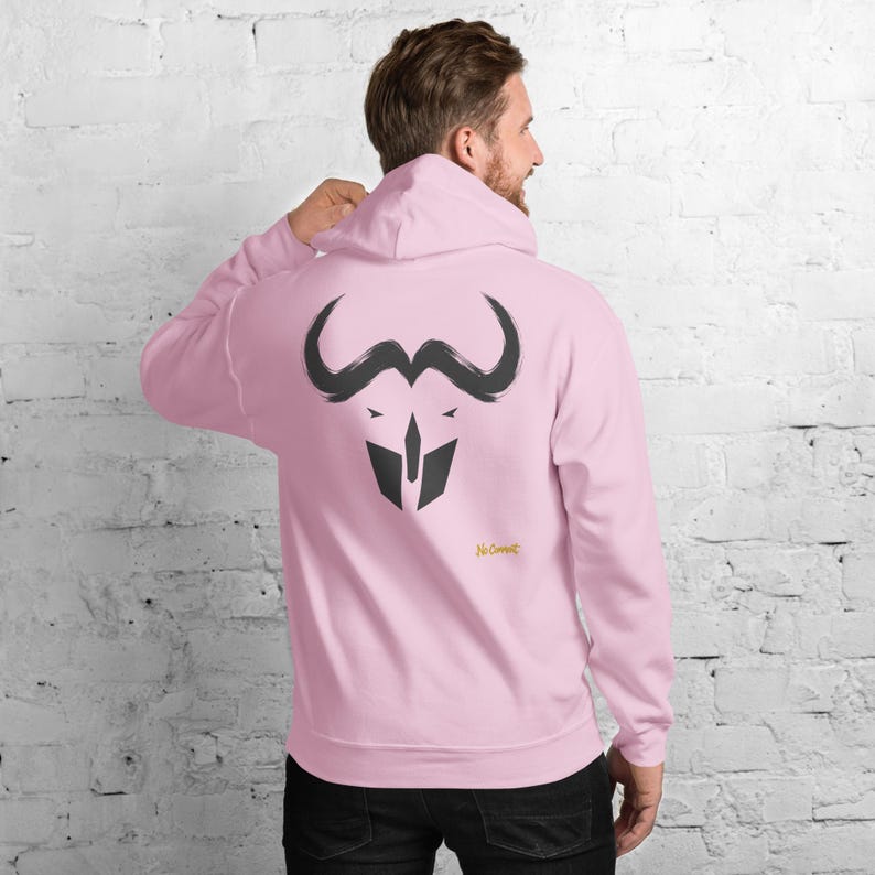 Abstract Cape Buffalo Hoodie, Minimalist African Safari Back Print, Gold Graffiti Chest Tag, Unisex Pullover – No Comment image 10