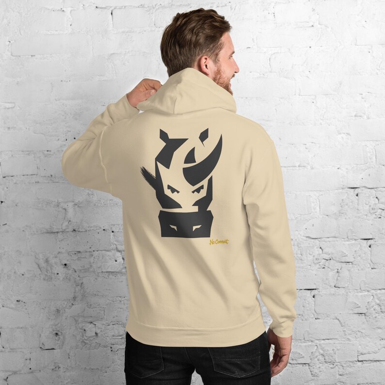Abstract Rhino Front Face Hoodie, Minimalist African Safari Back Print, Gold Graffiti Chest Tag, Unisex Pullover – No Comment image 9
