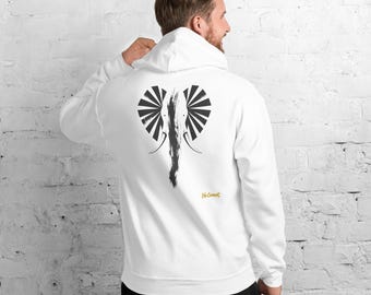 May include: A white hooded sweatshirt featuring a black graphic print of an elephant head on the back. The elephant design uses brushstroke textures for the trunk and geometric lines for the ears. The text No Comment is printed in gold.