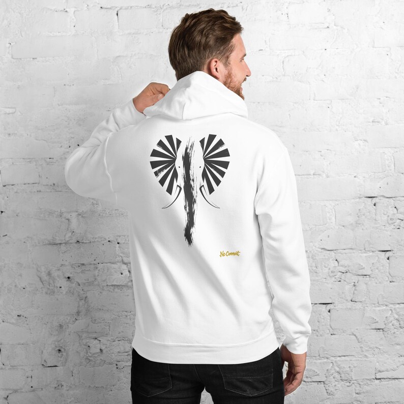 Abstract Elephant Front Face Hoodie, Minimalist Safari Animal Back Print, Gold Graffiti Chest Tag, Unisex Pullover – No Comment image 1