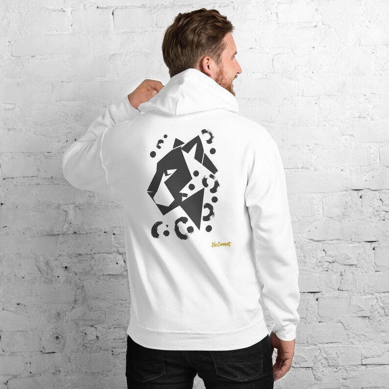 No Comment Leopard Side Hoodie - Abstract Animal Back Print, Gold Graffiti Tag, Minimalist White Unisex Hoodie