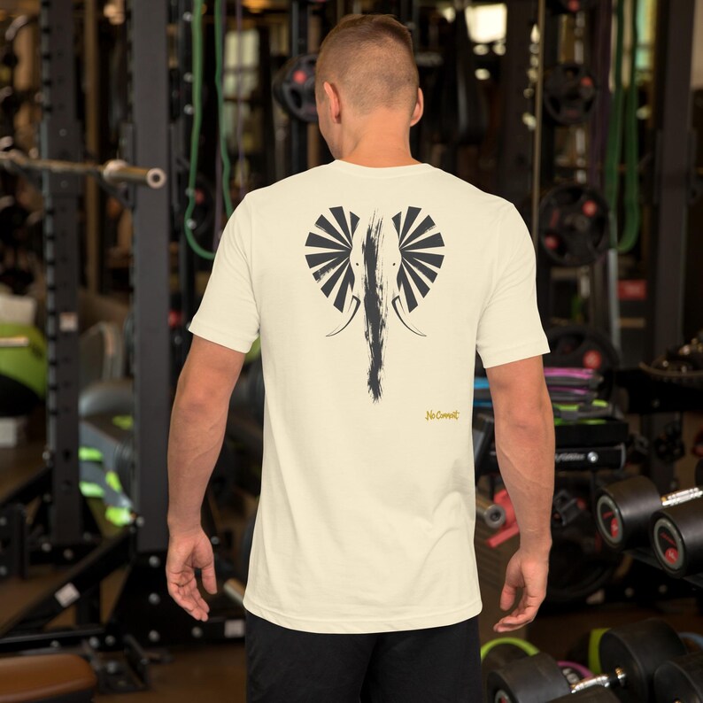 No Comment Elephant Front T-Shirt - Abstract Animal Back Print, Gold Graffiti Tag, Minimalist White Unisex Tee