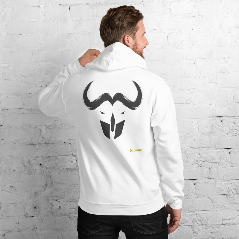 Abstract Cape Buffalo Hoodie, Minimalist African Safari Back Print, Gold Graffiti Chest Tag, Unisex Pullover – No Comment image 2