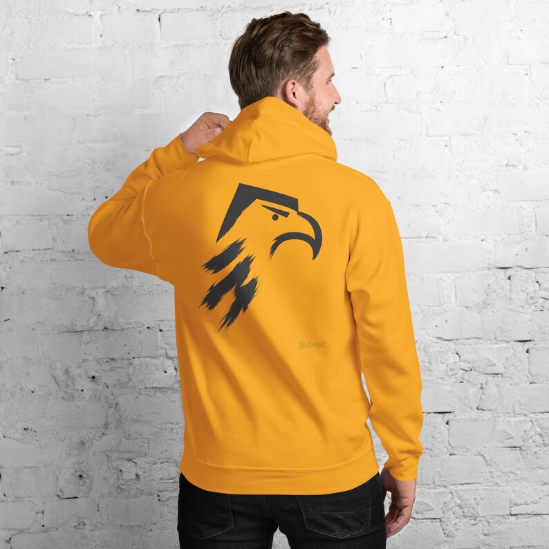 Abstract Eagle Hoodie, Minimalist Bird of Prey Back Print, Gold Graffiti Chest Tag, Unisex Pullover – No Comment image 5