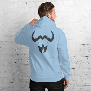 Abstract Cape Buffalo Hoodie, Minimalist African Safari Back Print, Gold Graffiti Chest Tag, Unisex Pullover – No Comment image 7