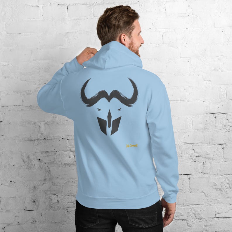 Abstract Cape Buffalo Hoodie, Minimalist African Safari Back Print, Gold Graffiti Chest Tag, Unisex Pullover – No Comment image 7