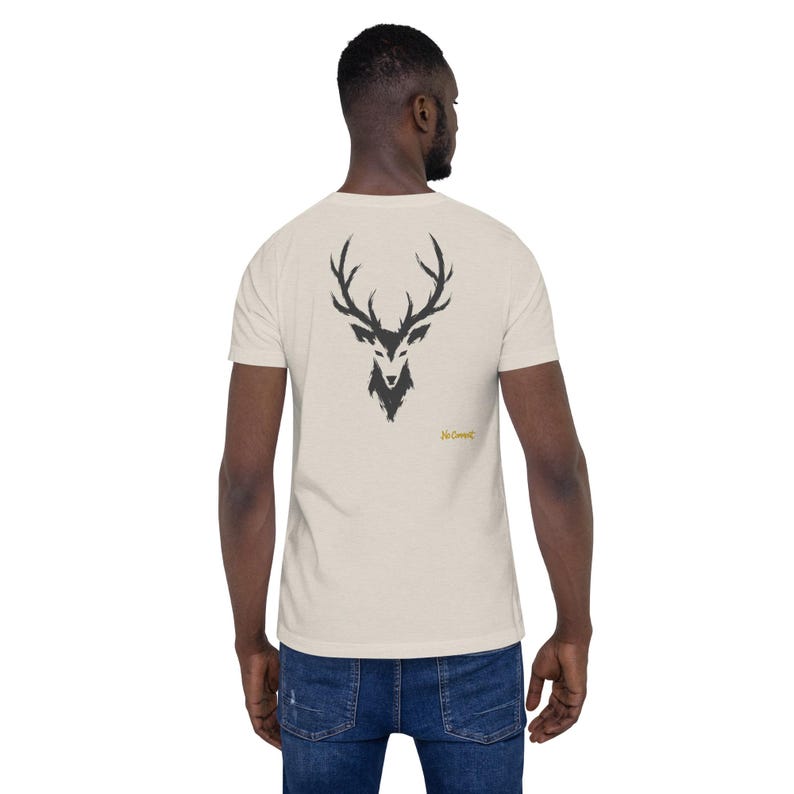 No Comment Stag T-Shirt - Abstract Animal Back Print, Gold Graffiti Tag, Minimalist White Unisex Tee