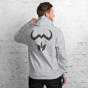 Abstract Cape Buffalo Hoodie, Minimalist African Safari Back Print, Gold Graffiti Chest Tag, Unisex Pullover – No Comment image 1