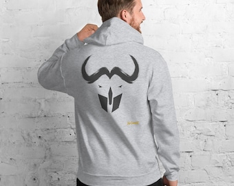 May include: A light gray hooded sweatshirt featuring a dark gray graphic of a stylized bull head on the back. The design includes a curved horn shape above a geometric face structure. The text "No Comment" is printed in small yellow letters below the graphic.