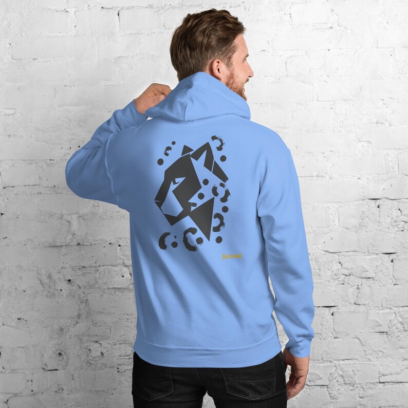 No Comment Leopard Side Hoodie - Abstract Animal Back Print, Gold Graffiti Tag, Minimalist White Unisex Hoodie