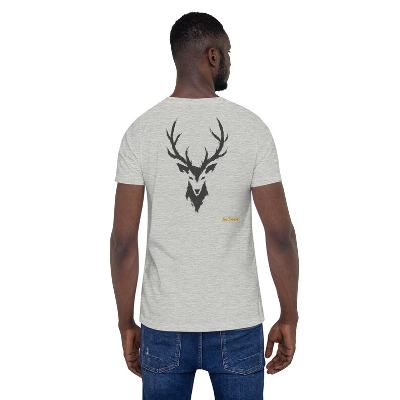 No Comment Stag T-Shirt - Abstract Animal Back Print, Gold Graffiti Tag, Minimalist White Unisex Tee