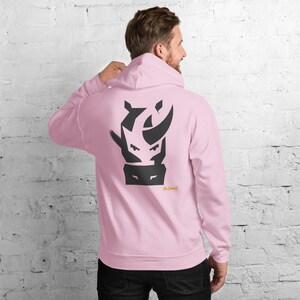 Abstract Rhino Front Face Hoodie, Minimalist African Safari Back Print, Gold Graffiti Chest Tag, Unisex Pullover – No Comment image 10
