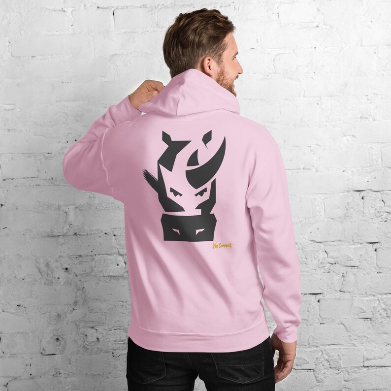 Abstract Rhino Front Face Hoodie, Minimalist African Safari Back Print, Gold Graffiti Chest Tag, Unisex Pullover – No Comment image 10