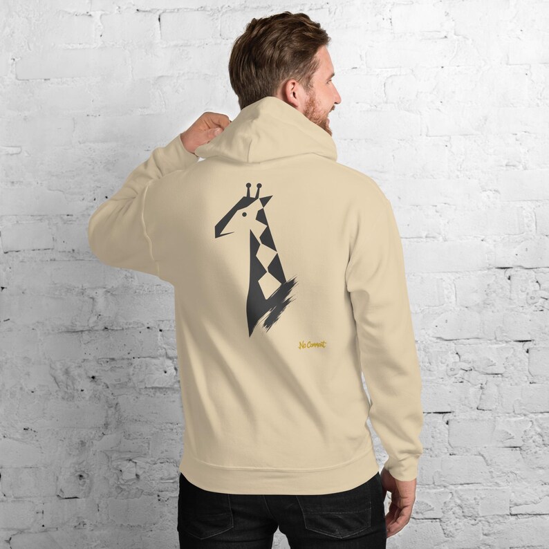 Abstract Giraffe Hoodie, Minimalist Safari Animal Back Print, Gold Graffiti Chest Tag, Unisex Pullover – No Comment image 9