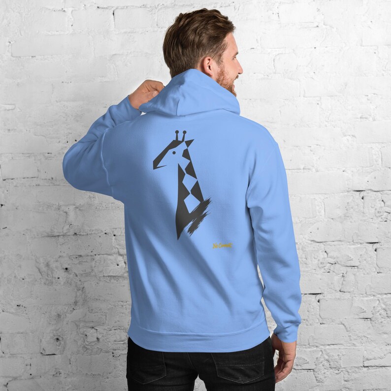 Abstract Giraffe Hoodie, Minimalist Safari Animal Back Print, Gold Graffiti Chest Tag, Unisex Pullover – No Comment image 3